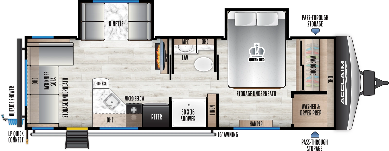 The Acclaim 2550DS floorplan has one entry and two slide outs. Exterior features include: metal exterior and 16' awning. Interiors features include: front bedroom and pass through bathroom.